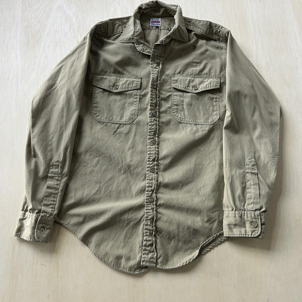 Vintage 60s Elbeco Shirt Mens Large Beige Solid Long Sleeve Button Up Workwear